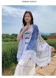 Model wearing ethnic blue and white printed sun protection shawl with frog buttons.
