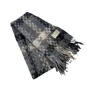 Grey and black woven plaid scarf made of soft imitation cashmere with fringe