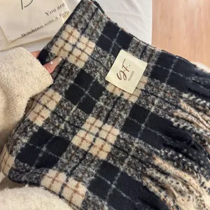 Elegant black and beige plaid winter scarf crafted from soft imitation cashmere fabric