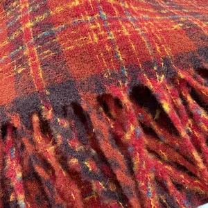 Cozy red and orange plaid faux cashmere scarf with thick fringe for autumn and winter warmth