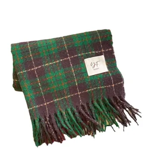 Elegant vintage green and purple plaid faux cashmere scarf featuring soft fringe details