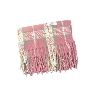 Premium soft pink and white plaid scarf featuring elegant fringe tassels for winter