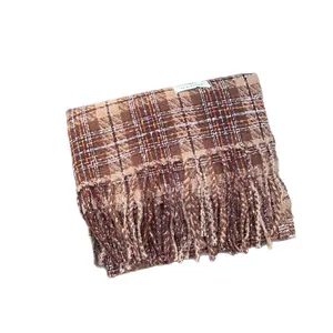 Premium thick brown plaid cashmere-like shawl scarf with elegant tassel details for winter