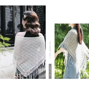 Elegant white knitted hollowed-out triangular shawl with fringe tassels for cheongsam