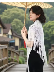 Elegant white hollow-out crochet knit shawl with fringe for vintage qipao dresses.