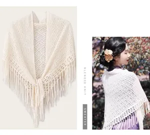Elegant cream knitted hollow-out triangle shawl with tassel fringe for vintage styling