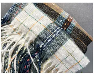 Close-up of plaid cashmere-feel scarves with colorful star-dot textile details.