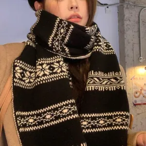 Sciarpa a Maglia Jacquard Bifacciale Fair Isle Con Motivo Geometrico a Fiocco di Neve Vintage Scaldacollo Lungo Invernale Caldo Spesso da Donna