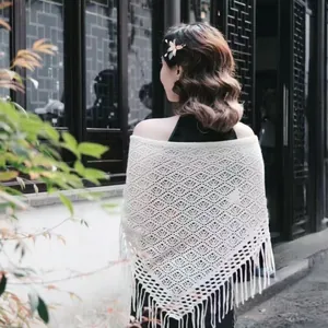 Vintage Women Knit Hollow-out Triangle Shawl With Tassels Retro Solid Color Cotton Crochet Wrap For Qipao Dress Accessories