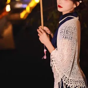 Elegant beige crochet lace shawl for cheongsam with fringe detail and hollow design