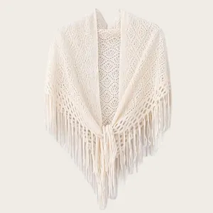 Elegant cream knitted hollow shawl with tassels, vintage style triangular wrap for women