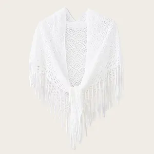 Elegant white crochet knitted hollow-out triangle shawl with long fringe detail for women