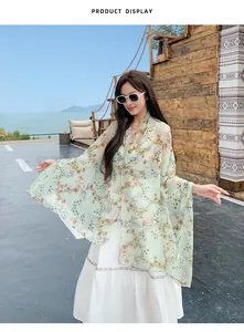Elegant floral print voile sun protection shawl for beach vacations and outdoor photography
