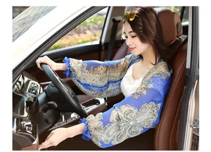 Close-up of blue paisley print chiffon sun protection shawl for summer driving