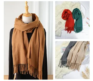 Soft solid color imitation cashmere scarves with tassels in multiple colors for winter