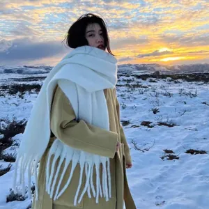 Women Winter Thickened Polyester Scarf Solid Color Mohair Feel Wrap With Tassels Soft Warm Warp Knitted Shawl For Daily Casual