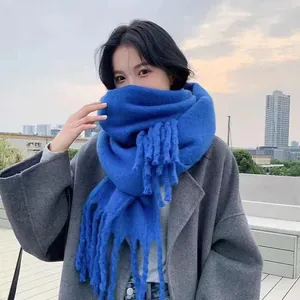 Elegant royal blue mohair-like winter scarf with thick tassels for warmth and style.