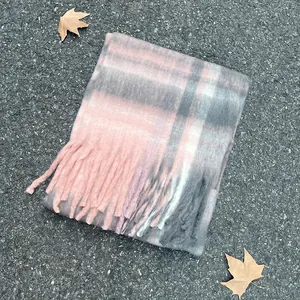 Korean Style Mohair-Like Plaid Scarf For Women Winter Warm Thick Lattice Scarf With Tassels Soft Long Shawl Neck Warmer