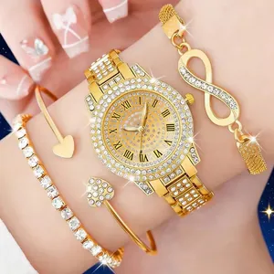 Detailed view of luxury gold-tone women's quartz watch paired with three sparkling bracelets