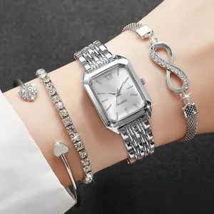 Close-up detail of silver square quartz watch with infinity and heart bracelets set