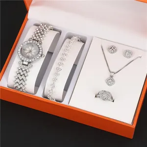 Elegant silver-tone watch and jewelry 5-piece gift set with rhinestones in an orange box