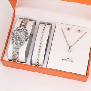 Luxurious 5-piece women's silver jewelry gift set featuring a rhinestone watch and accessories