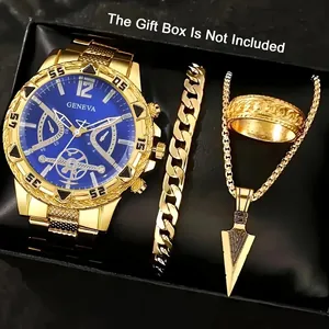 Luxuriöses 4-teiliges Herren-Set mit goldener Uhr, Armband, Ring und Pfeilhalskette
