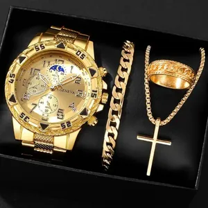 4-teiliges Herren-Goldschmuck-Set mit Genfer Quarzuhr, Kreuzkette und Ring für Herrenmode