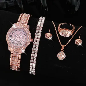 Women Luxury Rhinestone Watch Jewelry Set Roman Numeral Quartz Watch Bracelet Necklace Ring Earrings Full Rhinestone Fashion Jewelry Set For Women