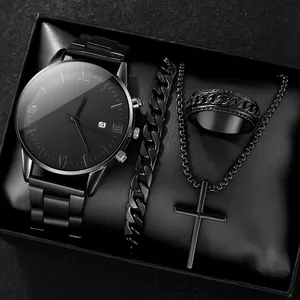 Detailansicht des 4-teiligen minimalistischen schwarzen Herren-Quarzuhr-Schmucksets