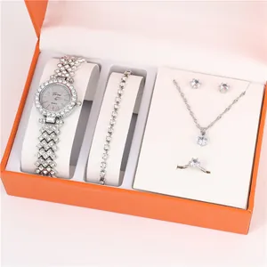 Detailed view of 5-piece women's jewelry gift set with crystal watch and necklace