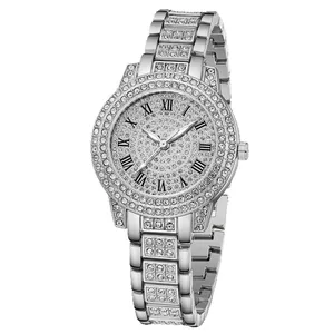Elegant ladies silver quartz watch with full rhinestone inlay and Roman numerals
