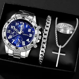 Herren Mode Uhren Schmuck Set Minimalistische Quarzuhr Mit Legierung Panzerkette Armband Kreuz Halskette Ring Business Geschenk
