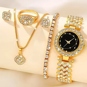 Elegant gold-tone ladies quartz watch with sparkling rhinestone jewelry set 5-pcs