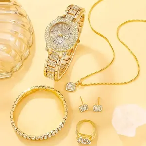 Elegant 5-piece women's gold jewelry set featuring rhinestone quartz watch and accessories