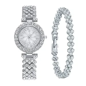 Zilverkleurige sprankelende horloge- en armbandset voor dames met diamanten en kwarts