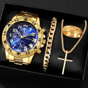 4-teiliges Luxus-Herrenuhren-Set in Gold mit Armband, Ring und Kreuzhalskette