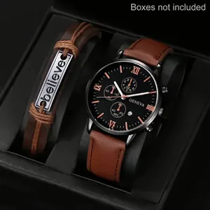 Modisches Herrenuhr und braunes Lederarmband Set mit eingravierter Believe Platte