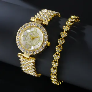 Elegante goudkleurige kwartshorloge en strass hartarmband sieradenset voor dames