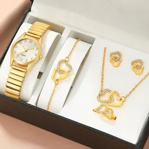 Detail of gold-tone women's quartz watch and heart-shaped jewelry 5PCS gift set