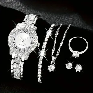 Elegant silver-tone rhinestone quartz watch set with matching necklace ring earrings