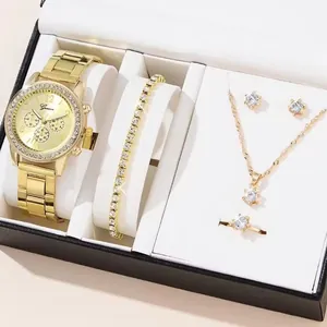 Elegant gold-tone women's quartz watch and crystal jewelry set in a luxury gift box