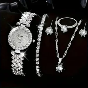 Luxury 5-piece women's quartz watch and rhinestone jewelry set with necklace and ring.