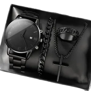 Minimalistisches schwarzes Quarzuhr-Set 4-teilig mit Armband Halskette und Ring