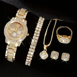 Luxury gold rhinestone watch set with necklace, earrings, bracelet and ring details