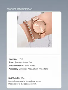 Macro weergave van een elegant roségouden quartz horloge en strass hartvormige armband set