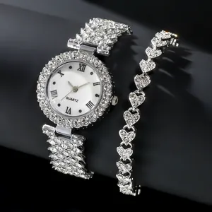 Elegante diamantbezet kwartshorloge en hartvormige schakelarmband sieradenset voor dames