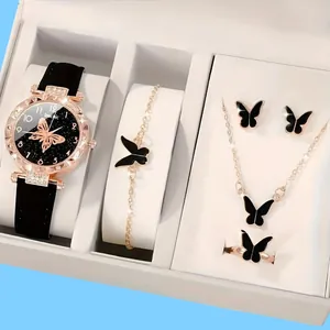 5-piece elegant women's watch and jewelry set with black butterfly motif in gift box.