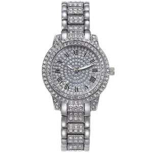 Elegant silver women's quartz watch with full rhinestone inlay and Roman numerals.