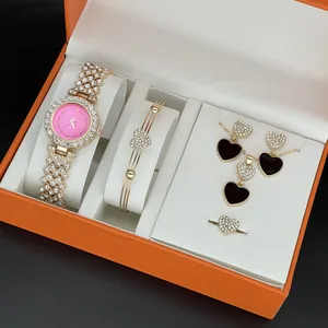 Elegant women's heart jewelry set with rhinestone watch necklace bracelet earrings ring
